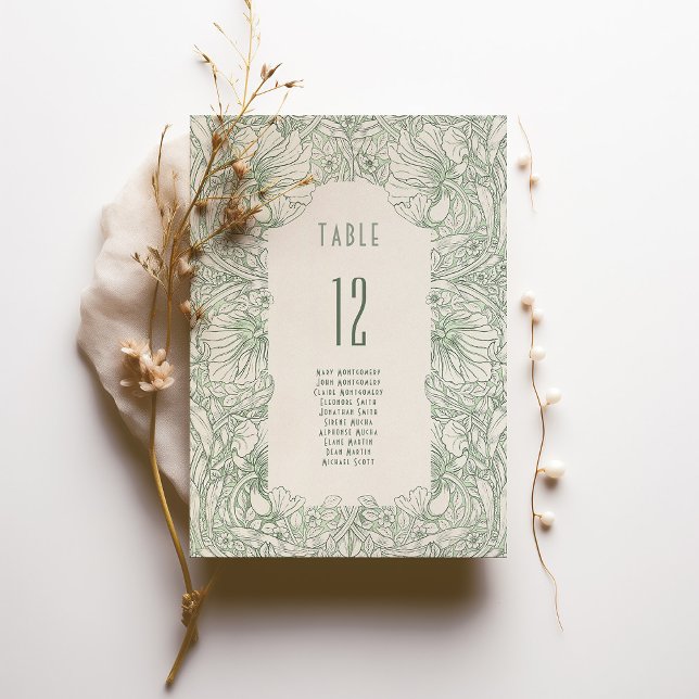 Invitación Número de tabla Sage Green William Morris Pimperne (Subido por el creador)