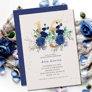 Invitación Número Floral 15 Quinceañera Azul Real y Dorado