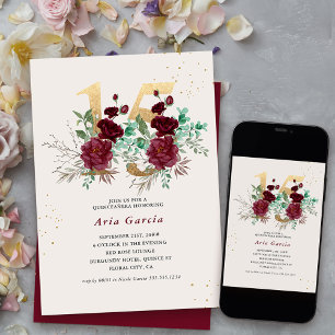 Invitación Número Floral 15 Quinceañera Burgundy Rojo y Dorad