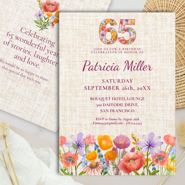 Invitación Número floral cumpleaños 65 - Flor silvestre  (Subido por el creador)