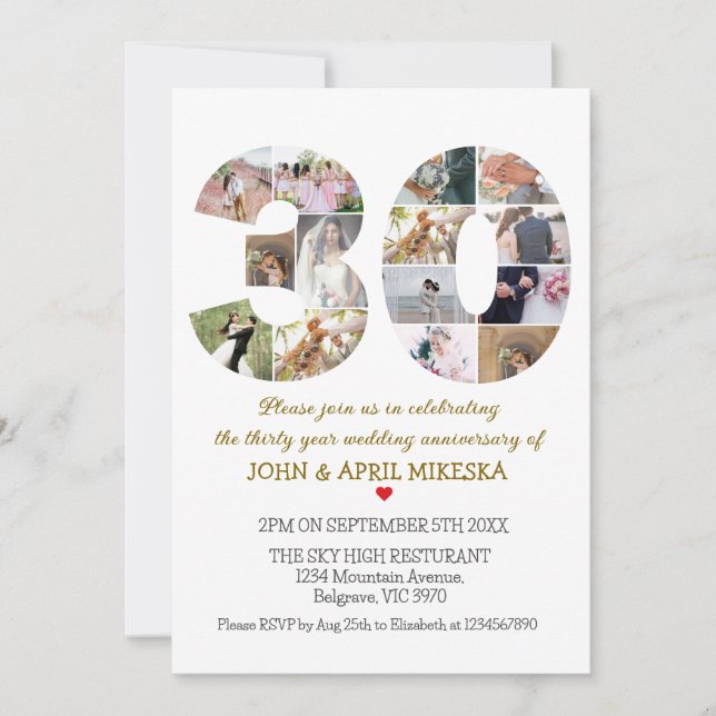 Invitación Número Treinta Aniversario del Boda de Fotografía  (Anverso)