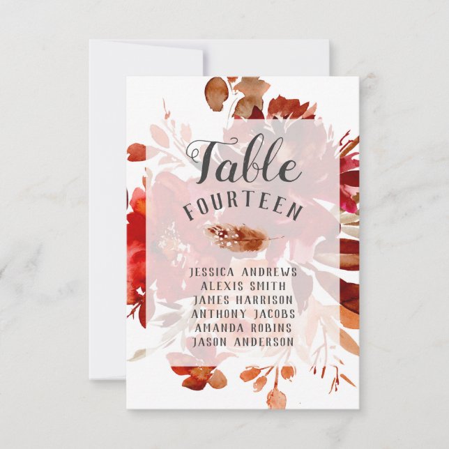 Invitación Números de tabla Boda con marco floral de belleza  (Anverso)