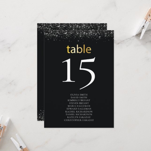 Invitación Números de tabla boda Diseño negro con Purpurina (Anverso/Reverso In Situ)