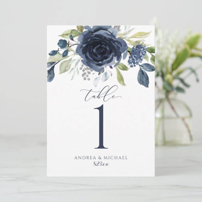 Invitación Números de tabla boda Floral acuarela azul marina (Anverso de pie)