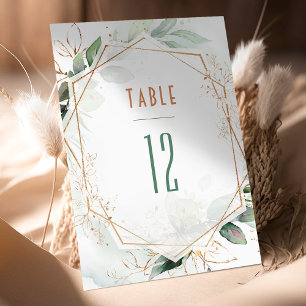 Invitación Números de tabla Boda geométrico de oro y verde