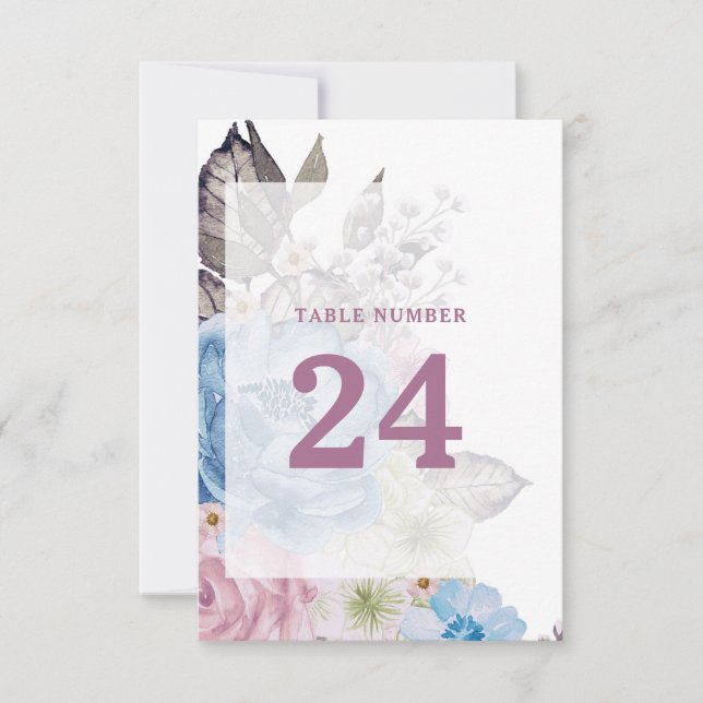 Invitación Números de tabla de Boda de floral azul de encanto (Anverso)