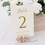 Invitación Números de tabla de Boda de guiones de oro elegant<br><div class="desc">Mejora el romance de tu recepción nupcial con nuestros números de la Mesa Romántica de Oro y Boda de Marfil. Estas exquisitas tarjetas 5x7 cuentan con un delicado guión de caligrafía que exuda elegancia, convirtiéndolas en la adición perfecta a la configuración de su mesa. El diseño minimalista de estas mesas...</div>