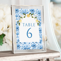 Números de tabla de boda de limón de azulejos azul