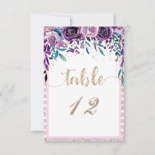 Invitación Números de tabla de Boda de oro de champán morado  (Anverso)