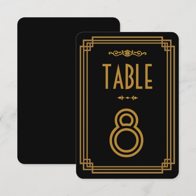 Invitación Números de tabla de Boda negro Art Deco (Anverso / Reverso)