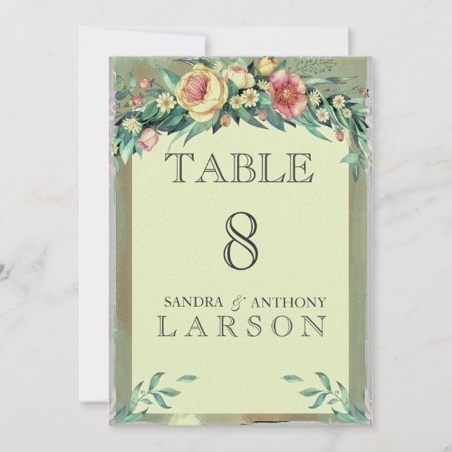 Invitación Números de tabla de Boda verde floral acuarela (Anverso)
