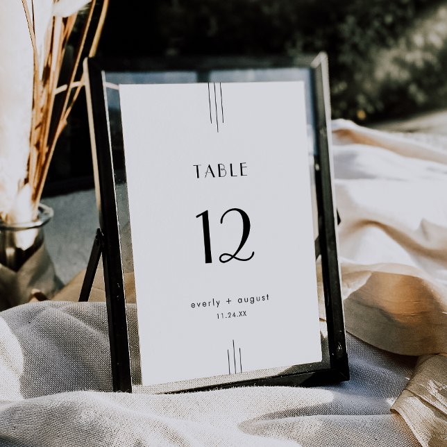 Invitación Números de tabla de Bodas blancos negros de todo e (EVERLY Art Deco White Black Wedding Table Numbers)