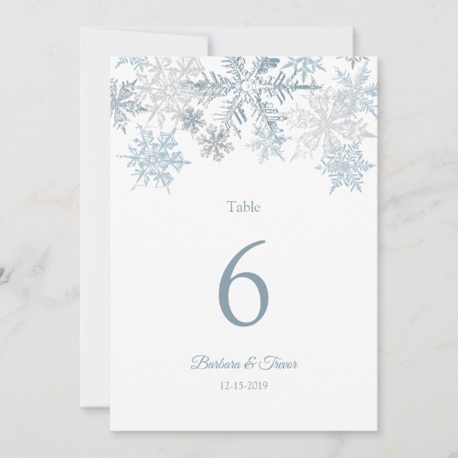 Invitación Números de tabla de bodas de invierno con copo de  (Anverso)
