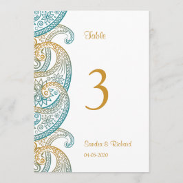 Invitación Números de tabla de Bodas indios verde azulados y 
