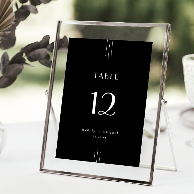 Invitación Números de tabla de Bodas negros de Art Deco TODOS (EVERLY Modern Art Deco Black Wedding Table Numbers)