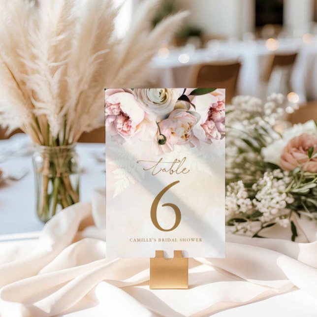 Invitación Números de tabla de ducha de novia con flores rosa (Blush Floral Elegant Bridal Shower Table Number Card)