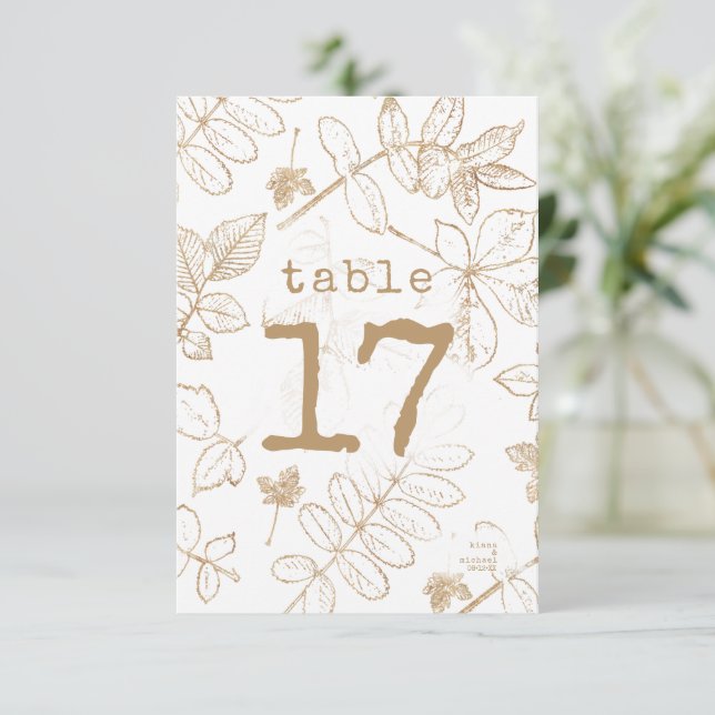 Invitación Números de tabla del Boda del patrón de hoja dorad (Anverso de pie)