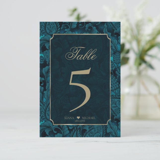 Invitación Números de tabla Paisley formales ID767 Verde azul (Anverso de pie)