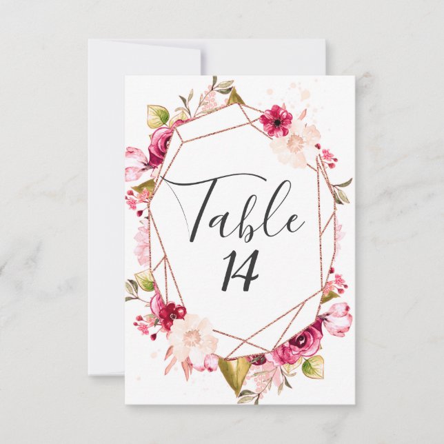 Invitación Números de tabla Rosa de oro borgoña y Boda rosa (Anverso)