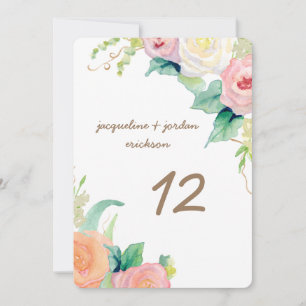Invitación Números de tabla Rosas de acuarela modernos simple