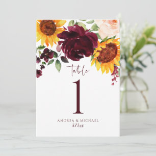 Invitación Números de tabla Rosas de girasol Boda rojo de Bor