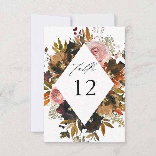 Invitación Números de tabla W de oro rústico, morado y floral (Anverso)