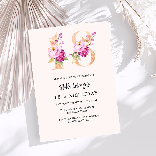 Invitación Números florales de melocotón rosa oro 18 cumpleañ (Subido por el creador)