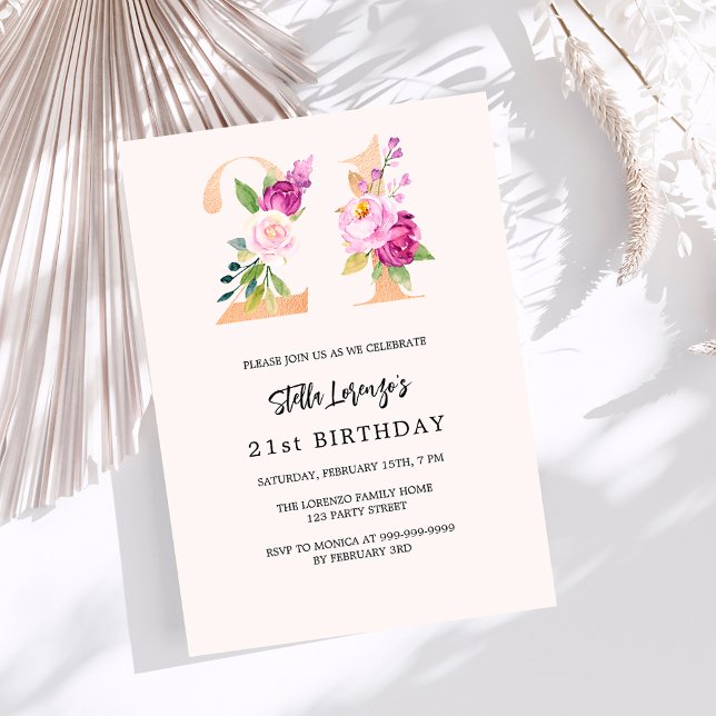 Invitación Números florales de melocotón rosa oro 21 cumpleañ (Subido por el creador)