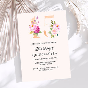 Invitación Números florales de melocotón rosa oro Quinceanera