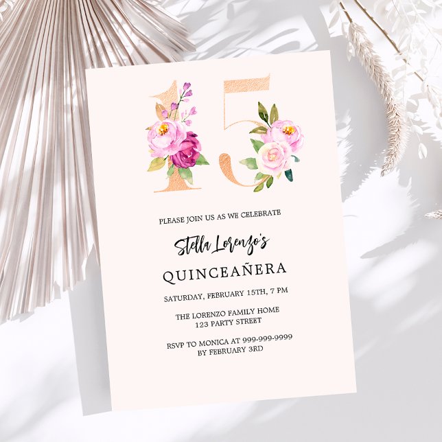 Invitación Números florales de melocotón rosa oro Quinceanera (Subido por el creador)