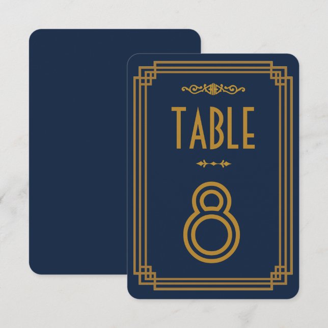 Invitación Números simples de tabla de Boda de Art Deco azul (Anverso / Reverso)