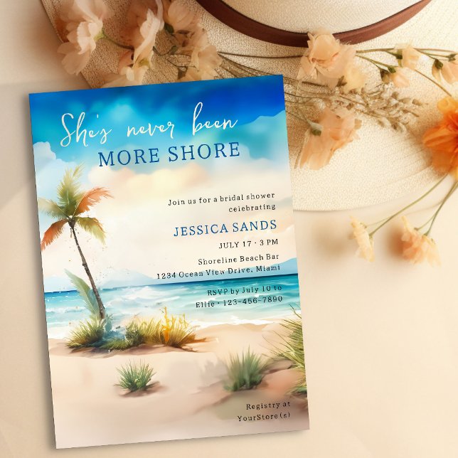 Invitación Nunca más Shore Ocean Beach Bridal Shower (Fun Summer Beach Bridal Shower Invitation with watercolor ocean shore)