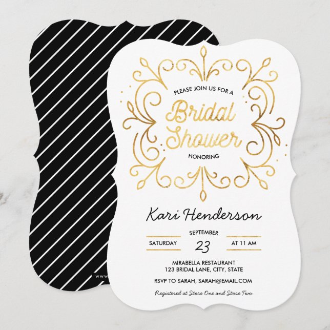 Invitación nupcial blanca de la ducha del oro (Anverso / Reverso)