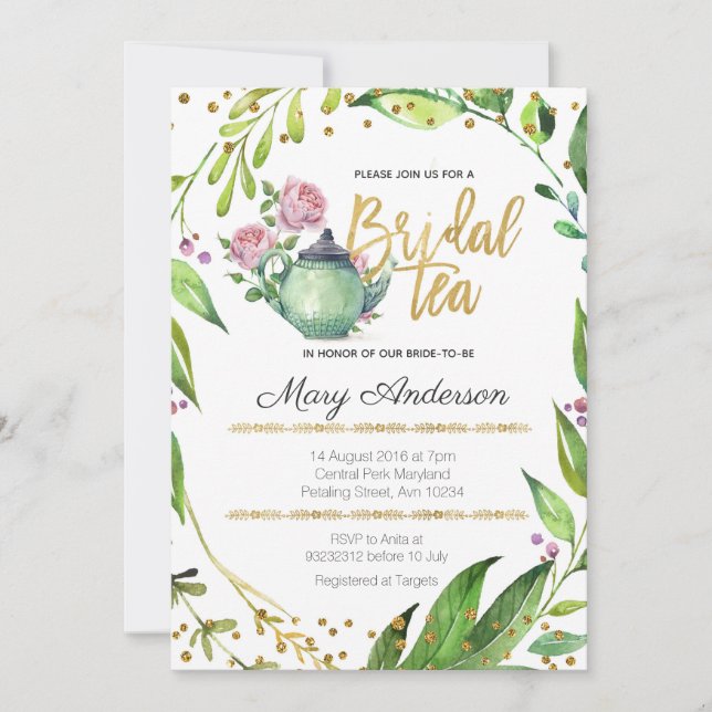 Invitación nupcial botánica de la fiesta del té (Anverso)