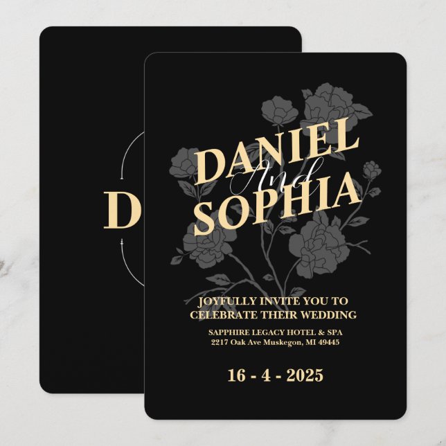 Invitación nupcial clásica Negra (Anverso / Reverso)