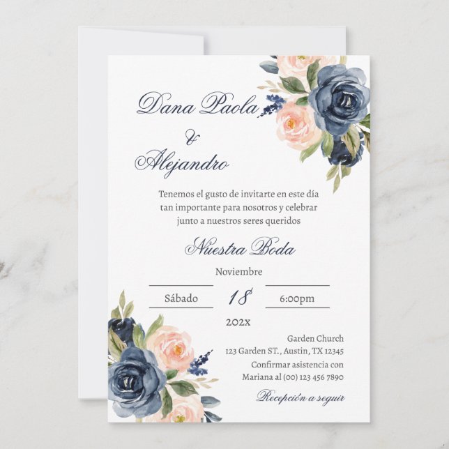 Invitación nupcial con Blue Floral en español (Anverso)