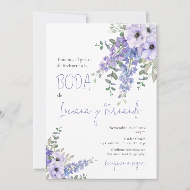 Invitación nupcial con Purple Floral en español (Anverso)