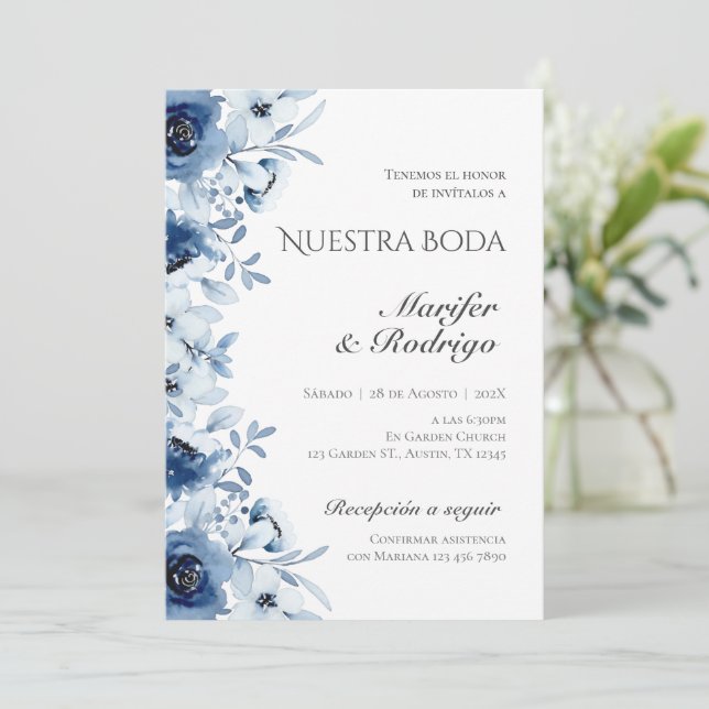 Invitación nupcial de Blue Flores (Anverso de pie)