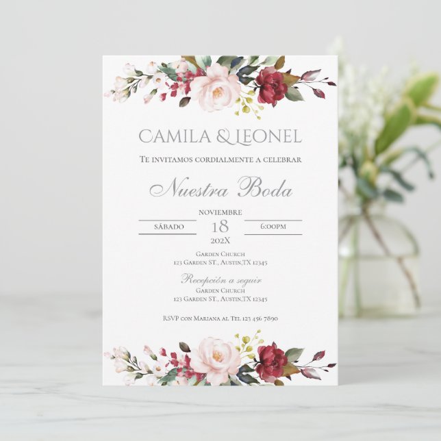 Invitación nupcial de Boho Floral en español (Anverso de pie)