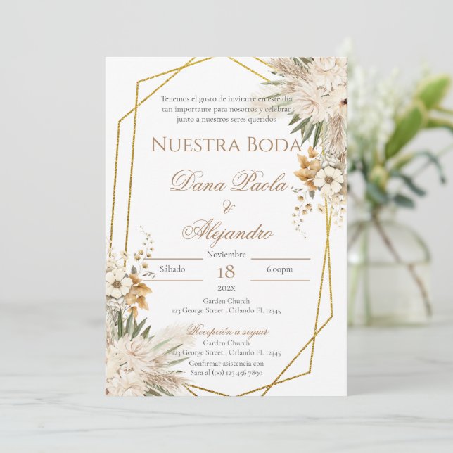 Invitación nupcial de Boho Floral en español (Anverso de pie)