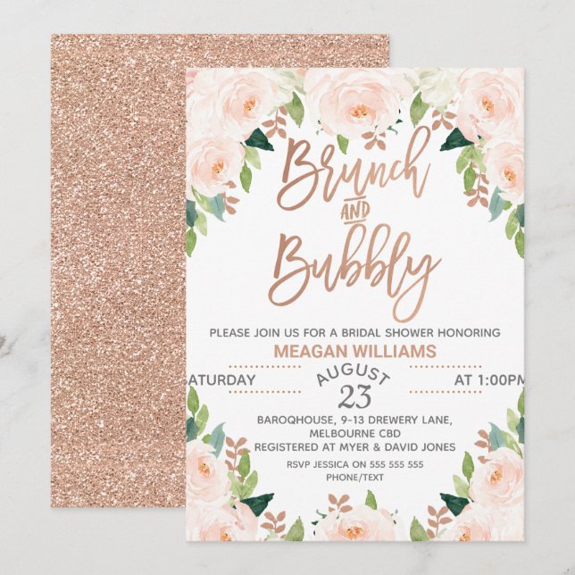 Invitación nupcial de brunch floral Rosa (Anverso / Reverso)