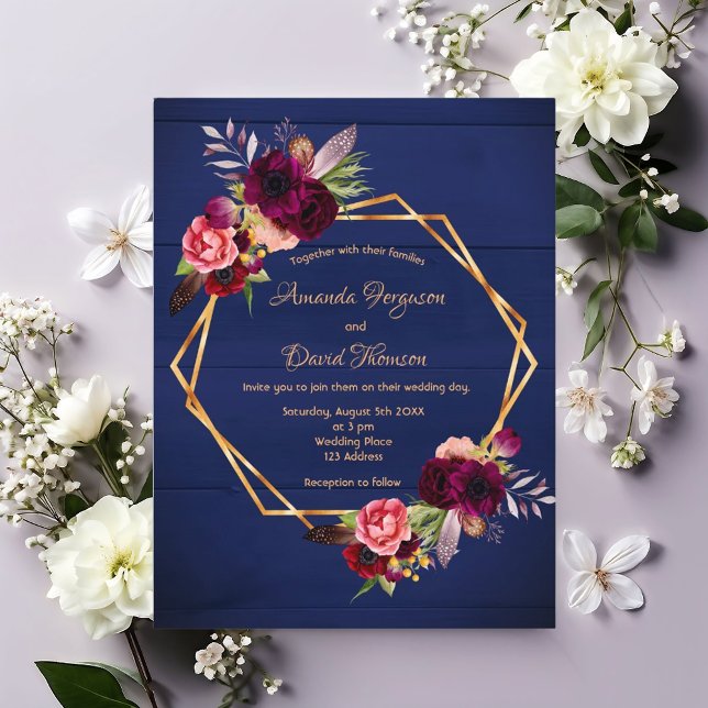 Invitación nupcial de flores azules de color burde (Subido por el creador)