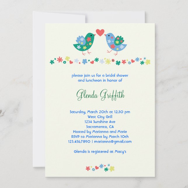 Invitación nupcial de la ducha de dos pájaros (Anverso)