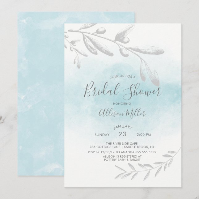 Invitación nupcial de la ducha de la acuarela azul (Anverso / Reverso)