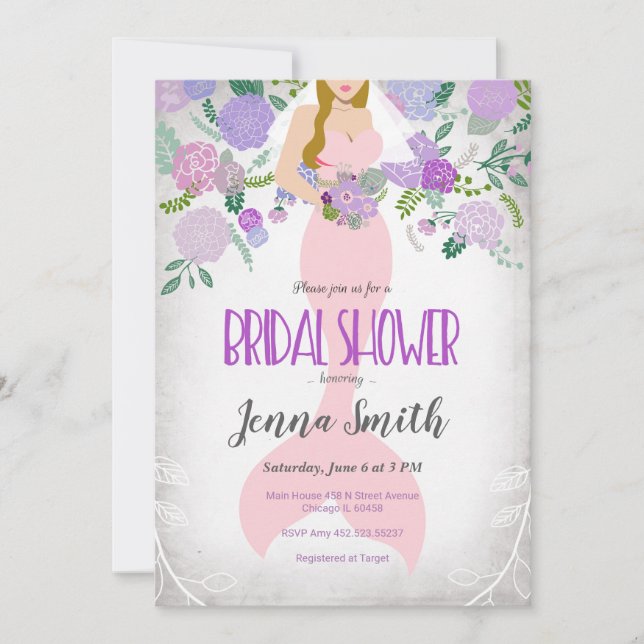 Invitación nupcial de la ducha de la sirena floral (Anverso)