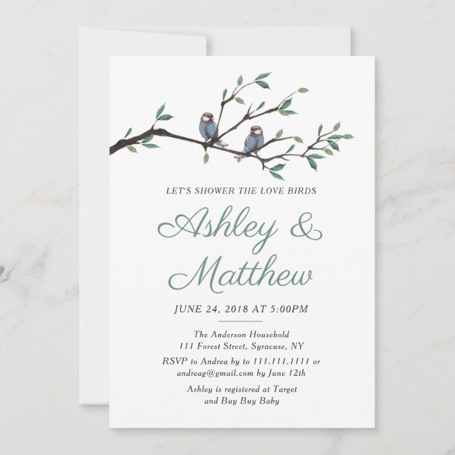 Invitación nupcial de la ducha de los pájaros del (Anverso)