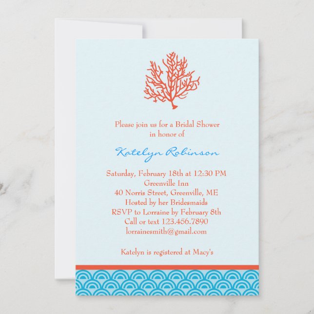 Invitación nupcial de la ducha del coral rojo (Anverso)