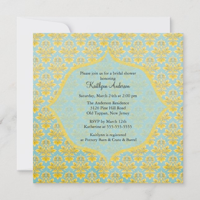 Invitación nupcial de la ducha del damasco azul y (Anverso)