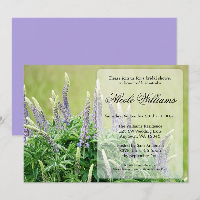 Invitación nupcial de la ducha del Lupine púrpura (Anverso / Reverso)