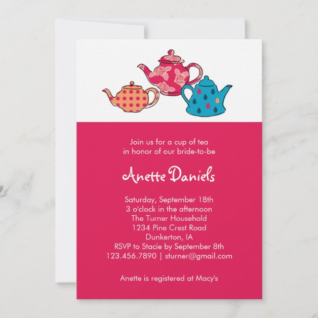 Invitación nupcial de la ducha del pote del té (Anverso)